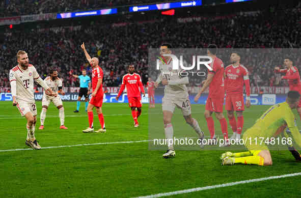 Jamal Musiala of Bayern Munich  celebrates the teams first goal during the Champions League Round 4 match between Bayern Munich v Benfica at...