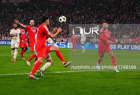 Jamal Musiala of Bayern Munich  scores the teams first goal during the Champions League Round 4 match between Bayern Munich v Benfica at the...