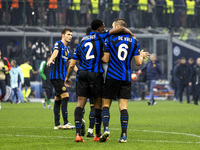 Denzel Dumfries and Stefan De Vrij play during the UEFA Champions League 2024/25 match between FC Internazionale and FC Arsenal in Milano, I...