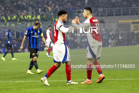 Ethan Nwaneri and Gabriel Martinelli play during the UEFA Champions League 2024/25 match between FC Internazionale and FC Arsenal in Milano,...