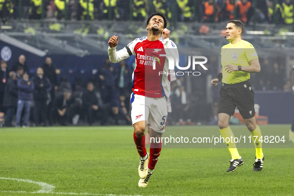 Ethan Nwaneri plays during the UEFA Champions League 2024/25 match between FC Internazionale and FC Arsenal in Milano, Italy, on November 6,...