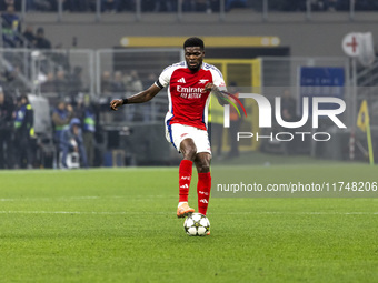 Thomas Partey plays during the UEFA Champions League 2024/25 match between FC Internazionale and FC Arsenal in Milano, Italy, on November 6,...