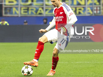 Gabriel Martinelli plays during the UEFA Champions League 2024/25 match between FC Internazionale and FC Arsenal at Stadio Giuseppe Meazza i...