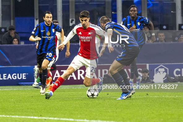 Kai Havertz plays during the UEFA Champions League 2024/25 match between FC Internazionale and FC Arsenal at Stadio Giuseppe Meazza in Milan...