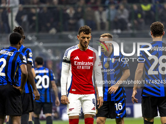 Ben White plays during the UEFA Champions League 2024/25 match between FC Internazionale and FC Arsenal at Stadio Giuseppe Meazza in Milano,...