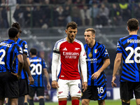 Ben White plays during the UEFA Champions League 2024/25 match between FC Internazionale and FC Arsenal at Stadio Giuseppe Meazza in Milano,...