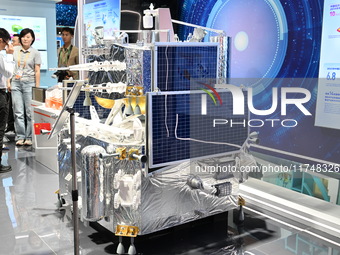 A 1:2 model of the Chang'e-6 probe is displayed at the China Pavilion at the 7th China International Import Expo in Shanghai, China, on Nove...