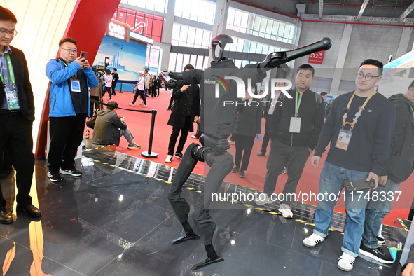 The world's first full-size humanoid robot ''Tiangong'', which can run like a human, performs at the China Pavilion of the 7th China Interna...