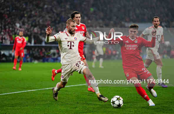 Konrad Laimer of Bayern Munich  controls the ball during the Champions League Round 4 match between Bayern Munich v Benfica at the Allianz a...