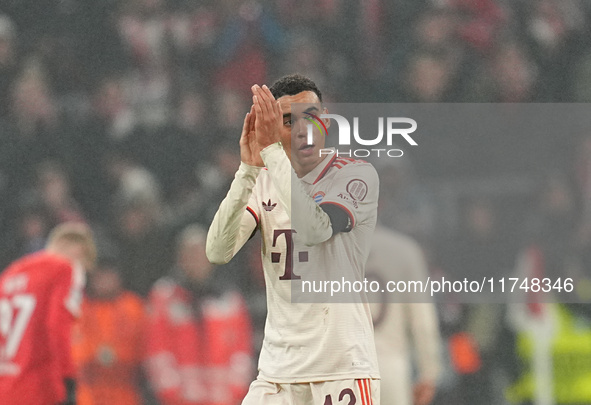 Jamal Musiala of Bayern Munich  gestures during the Champions League Round 4 match between Bayern Munich v Benfica at the Allianz arena, Mun...