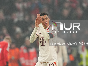 Jamal Musiala of Bayern Munich  gestures during the Champions League Round 4 match between Bayern Munich v Benfica at the Allianz arena, Mun...