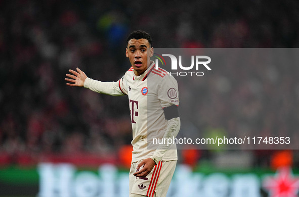 Jamal Musiala of Bayern Munich  gestures during the Champions League Round 4 match between Bayern Munich v Benfica at the Allianz arena, Mun...