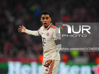 Jamal Musiala of Bayern Munich  gestures during the Champions League Round 4 match between Bayern Munich v Benfica at the Allianz arena, Mun...