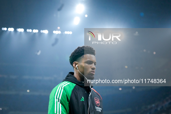 Ethan Nwaneri of Arsenal looks on during the UEFA Champions League 2024/25 League Phase MD4 match between FC Internazionale and Arsenal at S...