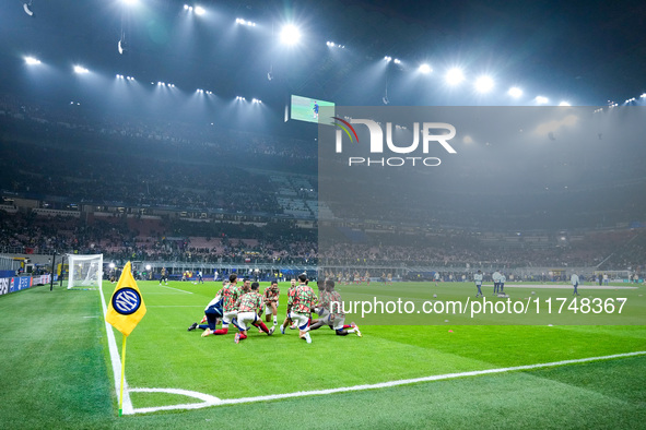 Players of Arsenal durign the warm-up prior the UEFA Champions League 2024/25 League Phase MD4 match between FC Internazionale and Arsenal a...