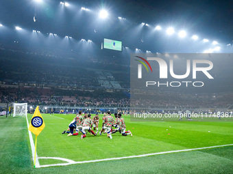 Players of Arsenal durign the warm-up prior the UEFA Champions League 2024/25 League Phase MD4 match between FC Internazionale and Arsenal a...