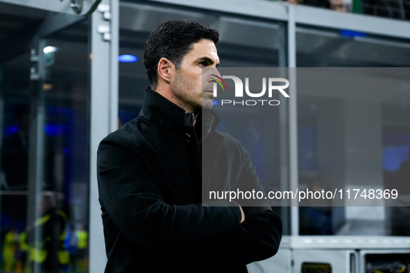 Mikel Arteta Head Coach of Arsenal looks on during the UEFA Champions League 2024/25 League Phase MD4 match between FC Internazionale and Ar...