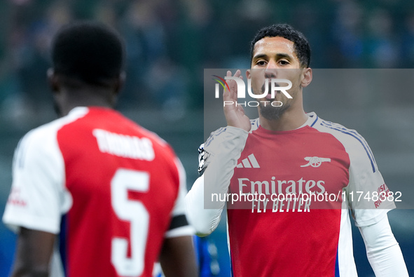 William Saliba of Arsenal yells during the UEFA Champions League 2024/25 League Phase MD4 match between FC Internazionale and Arsenal at Sta...