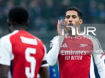 William Saliba of Arsenal yells during the UEFA Champions League 2024/25 League Phase MD4 match between FC Internazionale and Arsenal at Sta...