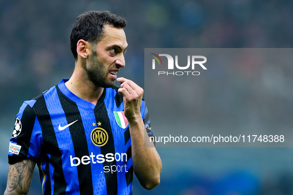 Hakan Calhanoglu of FC Internazionale gestures during the UEFA Champions League 2024/25 League Phase MD4 match between FC Internazionale and...