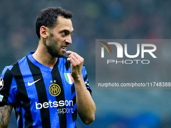 Hakan Calhanoglu of FC Internazionale gestures during the UEFA Champions League 2024/25 League Phase MD4 match between FC Internazionale and...