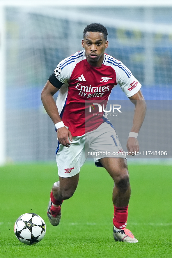 Jurrien Timber of Arsenal during the UEFA Champions League 2024/25 League Phase MD4 match between FC Internazionale and Arsenal at Stadio Sa...