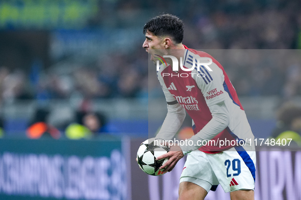 Kai Havertz of Arsenal reacts during the UEFA Champions League 2024/25 League Phase MD4 match between FC Internazionale and Arsenal at Stadi...