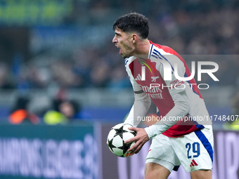 Kai Havertz of Arsenal reacts during the UEFA Champions League 2024/25 League Phase MD4 match between FC Internazionale and Arsenal at Stadi...