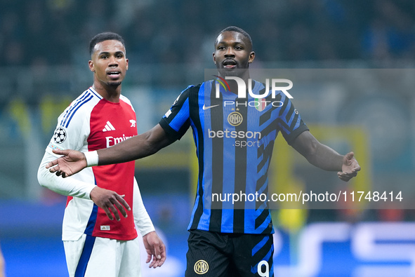 Marcus Thuram of FC Internazionale reacts during the UEFA Champions League 2024/25 League Phase MD4 match between FC Internazionale and Arse...