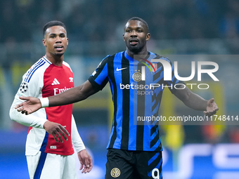 Marcus Thuram of FC Internazionale reacts during the UEFA Champions League 2024/25 League Phase MD4 match between FC Internazionale and Arse...