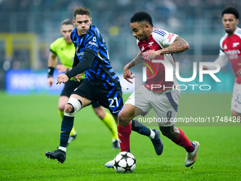 Gabriel Jesus of Arsenal and Kristjan Asllani of FC Internazionale compete for the ball during the UEFA Champions League 2024/25 League Phas...