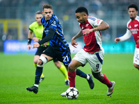 Gabriel Jesus of Arsenal and Kristjan Asllani of FC Internazionale compete for the ball during the UEFA Champions League 2024/25 League Phas...