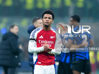 Ethan Nwaneri of Arsenal greets the fans during the UEFA Champions League 2024/25 League Phase MD4 match between FC Internazionale and Arsen...