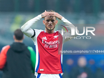 Ben White of Arsenal looks on during the UEFA Champions League 2024/25 League Phase MD4 match between FC Internazionale and Arsenal at Stadi...