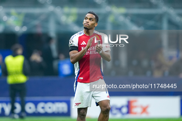 Jurrien Timber of Arsenal greets the fans during the UEFA Champions League 2024/25 League Phase MD4 match between FC Internazionale and Arse...