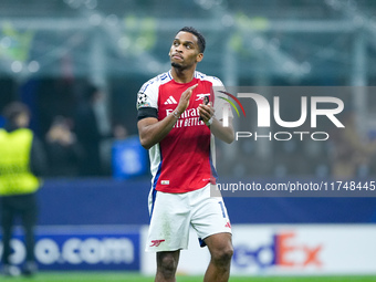 Jurrien Timber of Arsenal greets the fans during the UEFA Champions League 2024/25 League Phase MD4 match between FC Internazionale and Arse...