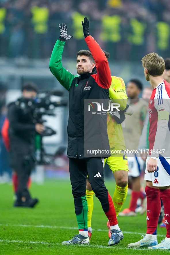 Jorginho of Arsenal greets the fans during the UEFA Champions League 2024/25 League Phase MD4 match between FC Internazionale and Arsenal at...