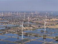 An aerial photo shows a new energy wind power generation near Gaoyou Lake in Taji town of Huai'an City, East China's Jiangsu province, on No...