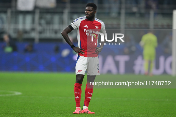 Thomas Partey of Arsenal looks on during the Champions League match between Inter Milan and Arsenal at San Siro Stadium in Milan, Italy, on...