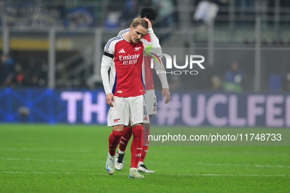 Martin Odegaard of Arsenal looks on during the Champions League match between Inter Milan and Arsenal at San Siro Stadium in Bergamo, Italy,...