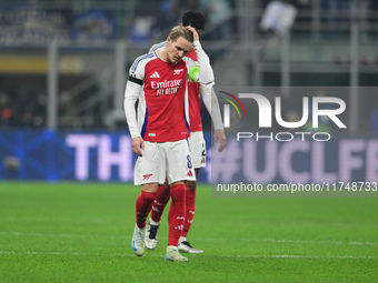 Martin Odegaard of Arsenal looks on during the Champions League match between Inter Milan and Arsenal at San Siro Stadium in Bergamo, Italy,...