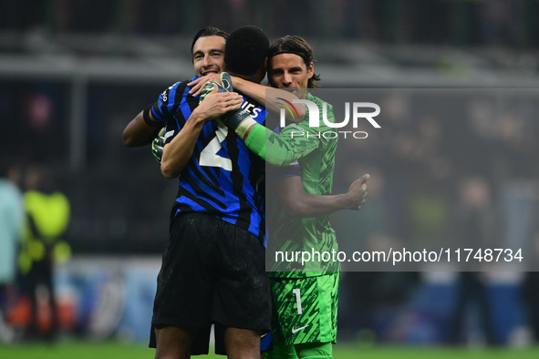 Denzel Dumfries of Inter Milan, Matteo Darmian of Inter Milan, and Yann Sommer of Inter Milan celebrate after winning during the Champions L...