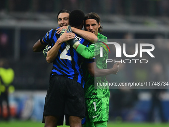 Denzel Dumfries of Inter Milan, Matteo Darmian of Inter Milan, and Yann Sommer of Inter Milan celebrate after winning during the Champions L...