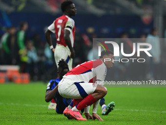 Gabriel Magalhaes of Arsenal looks on during the Champions League match between Inter Milan and Arsenal at San Siro Stadium in Milan, Italy,...