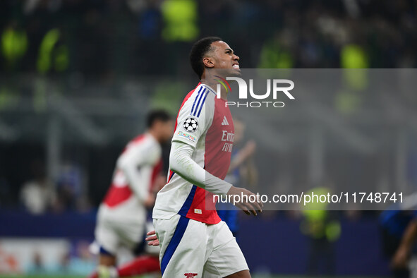 Gabriel Magalhaes of Arsenal looks on during the Champions League match between Inter Milan and Arsenal at San Siro Stadium in Milan, Italy,...