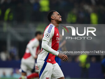 Gabriel Magalhaes of Arsenal looks on during the Champions League match between Inter Milan and Arsenal at San Siro Stadium in Milan, Italy,...