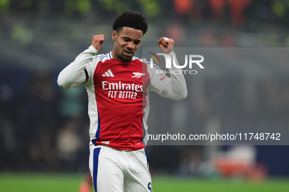 Ethan Nwaneri of Arsenal looks on during the Champions League match between Inter Milan and Arsenal at San Siro Stadium in Milan, Italy, on...