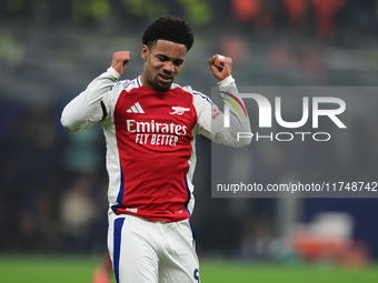 Ethan Nwaneri of Arsenal looks on during the Champions League match between Inter Milan and Arsenal at San Siro Stadium in Milan, Italy, on...