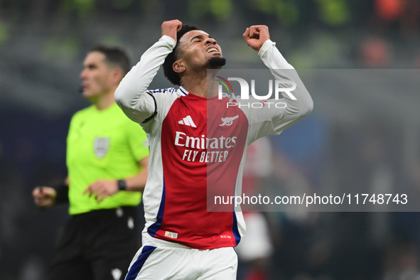 Ethan Nwaneri of Arsenal looks on during the Champions League match between Inter Milan and Arsenal at San Siro Stadium in Milan, Italy, on...