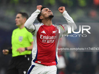 Ethan Nwaneri of Arsenal looks on during the Champions League match between Inter Milan and Arsenal at San Siro Stadium in Milan, Italy, on...